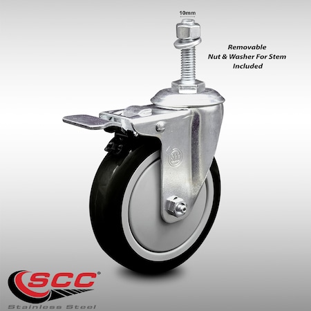 Service Caster 5 Inch SS Black Polyurethane 10mm Threaded Stem Caster with Total Lock Brake SCC-SSTSTTL20S514-PPUB-BLK-M1015